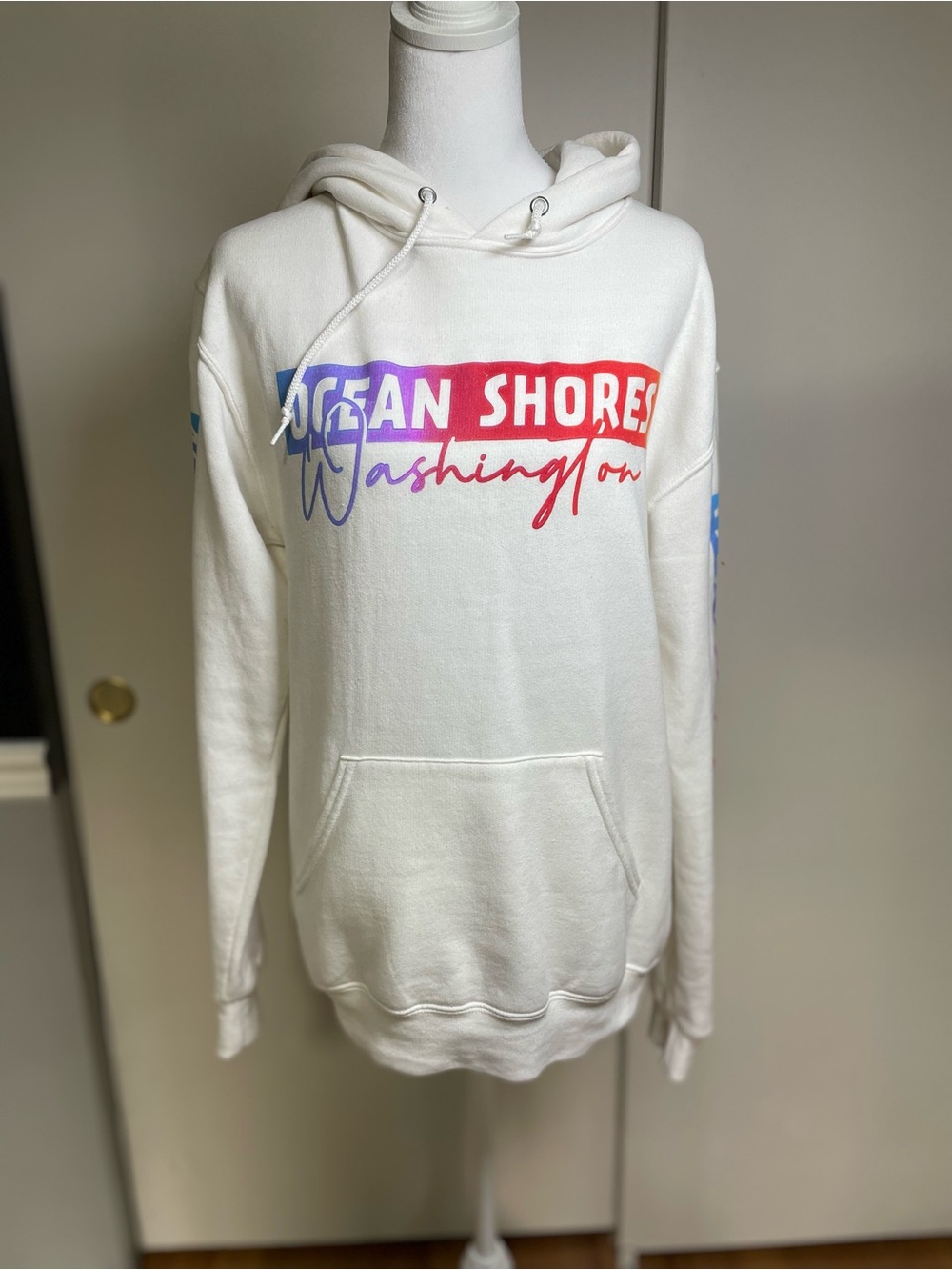 White "Ocean Shores Washington" Pullover Hoodie